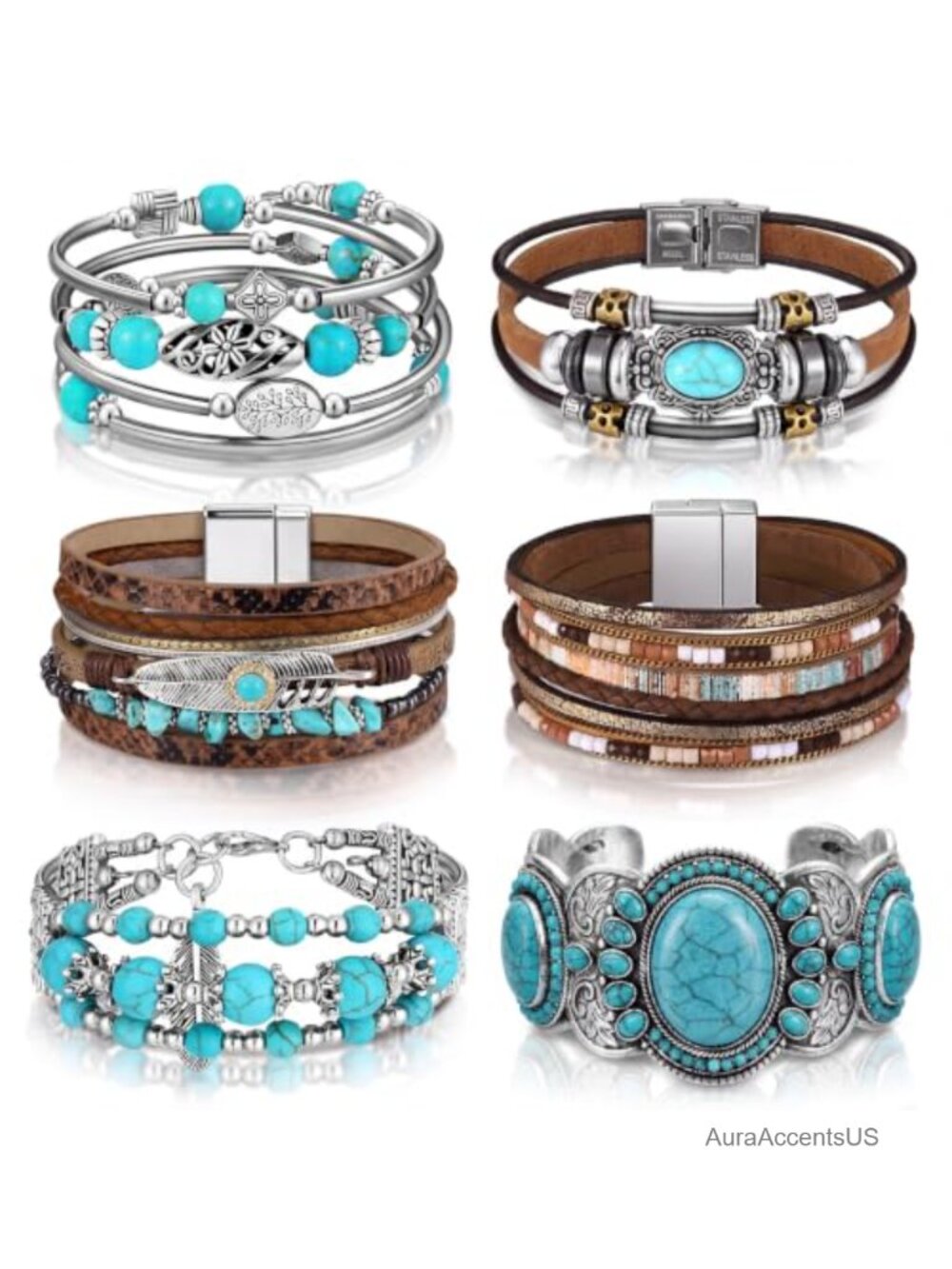 Turquoise Western Wrap Bracelet Set 6pcs Boho Cuff Leather Bracelets for Women